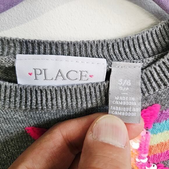 Children's Place Kids S 5/6 Rainbow Sequin Shooting Star Crewneck Sweater Gray - Picture 4 of 5